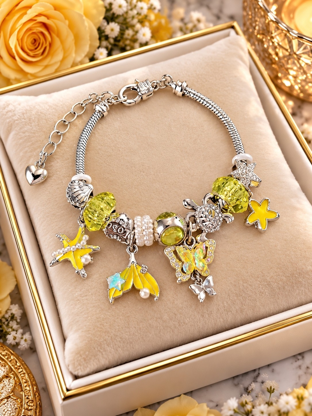Yellow Charm Bracelet for Women - Enamel & Crystal Dangles